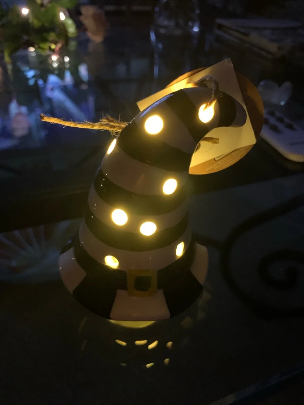 Mud Pie Black & White Ceramic 4”H Striped Witch Hat Light & Sound Decor
